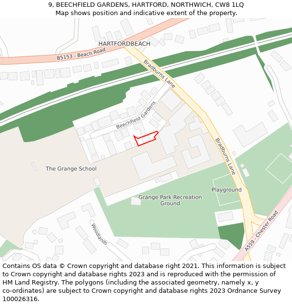 9, BEECHFIELD GARDENS, HARTFORD, NORTHWICH, CW8 1LQ: Location map and indicative extent of plot