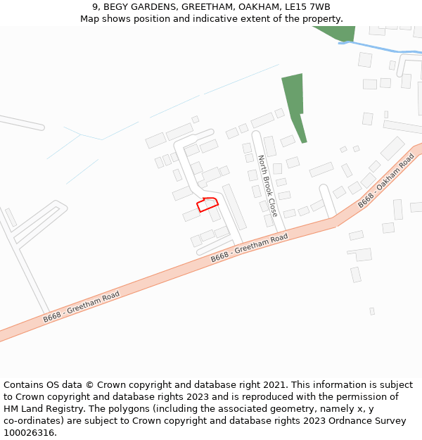 9, BEGY GARDENS, GREETHAM, OAKHAM, LE15 7WB: Location map and indicative extent of plot