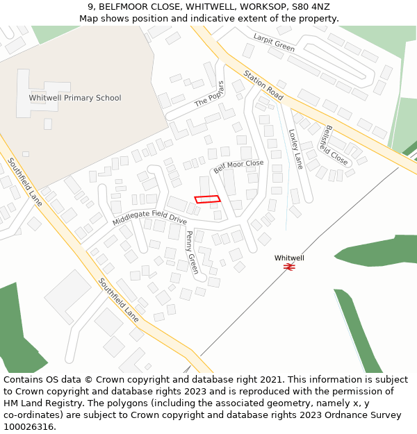 9, BELFMOOR CLOSE, WHITWELL, WORKSOP, S80 4NZ: Location map and indicative extent of plot