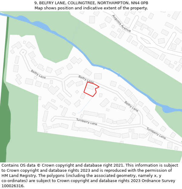9, BELFRY LANE, COLLINGTREE, NORTHAMPTON, NN4 0PB: Location map and indicative extent of plot