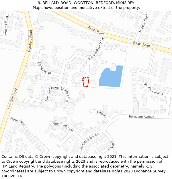 9, BELLAMY ROAD, WOOTTON, BEDFORD, MK43 9FA: Location map and indicative extent of plot