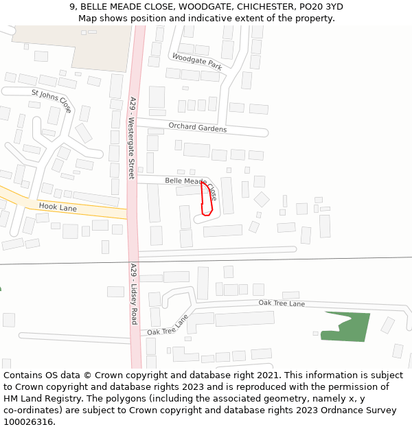 9, BELLE MEADE CLOSE, WOODGATE, CHICHESTER, PO20 3YD: Location map and indicative extent of plot