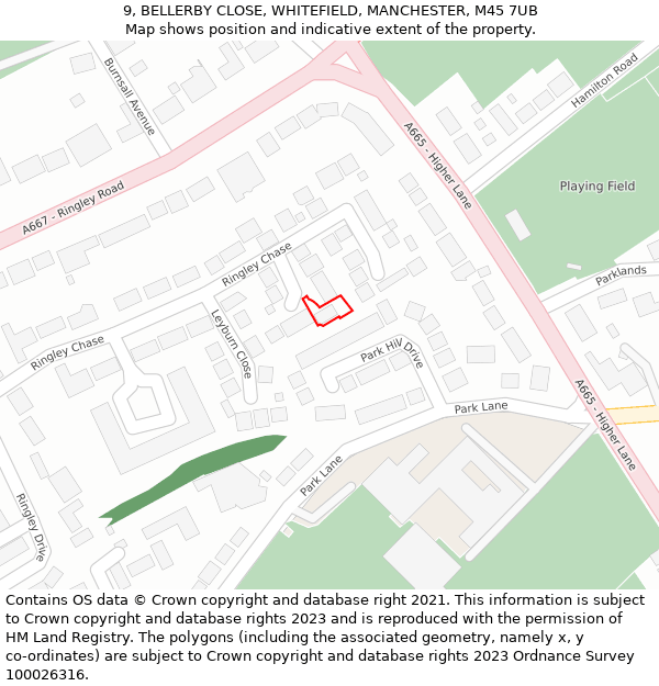 9, BELLERBY CLOSE, WHITEFIELD, MANCHESTER, M45 7UB: Location map and indicative extent of plot