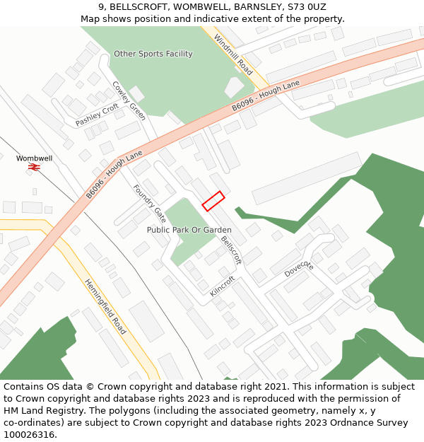 9, BELLSCROFT, WOMBWELL, BARNSLEY, S73 0UZ: Location map and indicative extent of plot