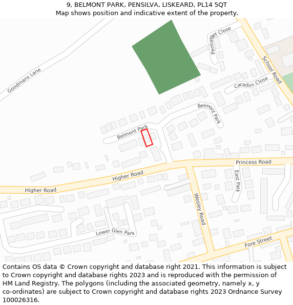 9, BELMONT PARK, PENSILVA, LISKEARD, PL14 5QT: Location map and indicative extent of plot