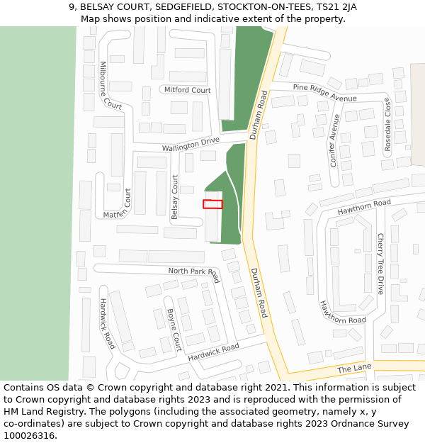 9, BELSAY COURT, SEDGEFIELD, STOCKTON-ON-TEES, TS21 2JA: Location map and indicative extent of plot