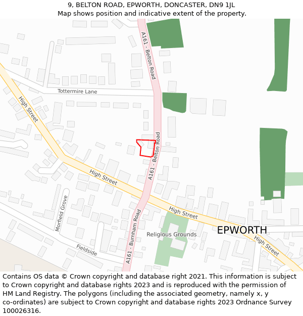 9, BELTON ROAD, EPWORTH, DONCASTER, DN9 1JL: Location map and indicative extent of plot