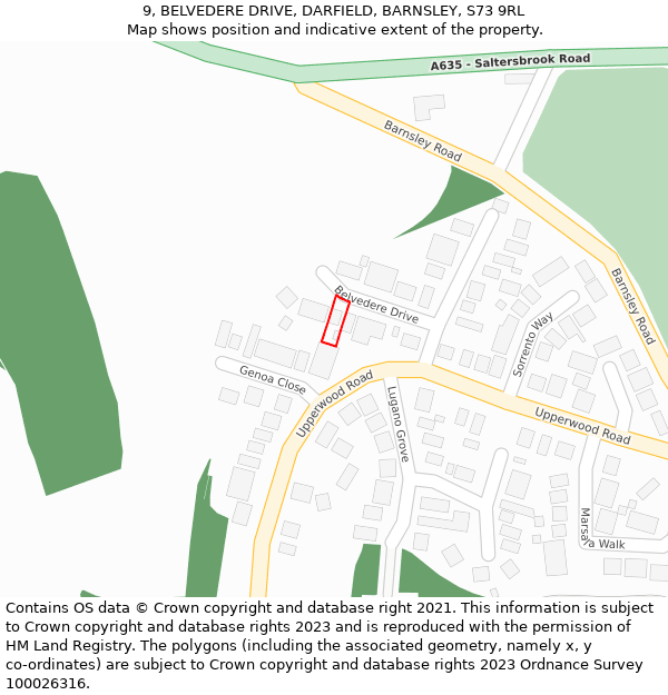 9, BELVEDERE DRIVE, DARFIELD, BARNSLEY, S73 9RL: Location map and indicative extent of plot