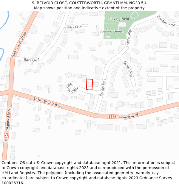 9, BELVOIR CLOSE, COLSTERWORTH, GRANTHAM, NG33 5JU: Location map and indicative extent of plot