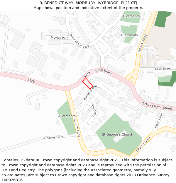 9, BENEDICT WAY, MODBURY, IVYBRIDGE, PL21 0TJ: Location map and indicative extent of plot