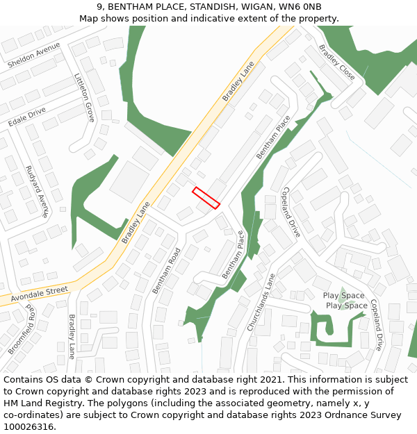 9, BENTHAM PLACE, STANDISH, WIGAN, WN6 0NB: Location map and indicative extent of plot