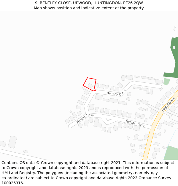 9, BENTLEY CLOSE, UPWOOD, HUNTINGDON, PE26 2QW: Location map and indicative extent of plot