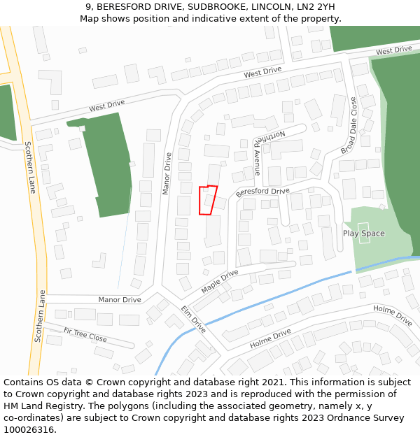 9, BERESFORD DRIVE, SUDBROOKE, LINCOLN, LN2 2YH: Location map and indicative extent of plot
