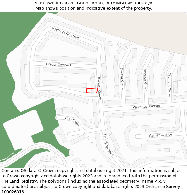 9, BERWICK GROVE, GREAT BARR, BIRMINGHAM, B43 7QB: Location map and indicative extent of plot