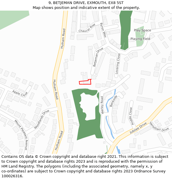 9, BETJEMAN DRIVE, EXMOUTH, EX8 5ST: Location map and indicative extent of plot