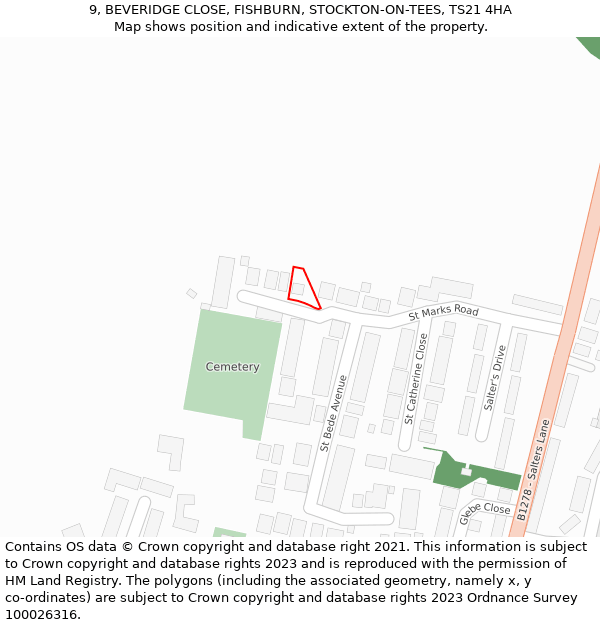 9, BEVERIDGE CLOSE, FISHBURN, STOCKTON-ON-TEES, TS21 4HA: Location map and indicative extent of plot