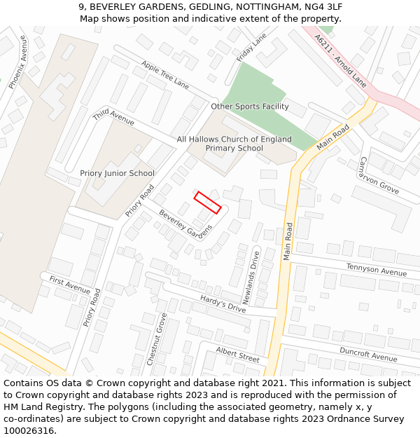 9, BEVERLEY GARDENS, GEDLING, NOTTINGHAM, NG4 3LF: Location map and indicative extent of plot