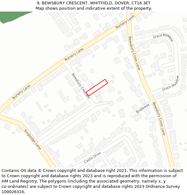 9, BEWSBURY CRESCENT, WHITFIELD, DOVER, CT16 3ET: Location map and indicative extent of plot