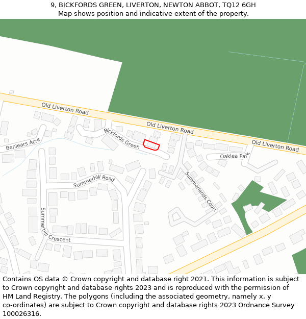9, BICKFORDS GREEN, LIVERTON, NEWTON ABBOT, TQ12 6GH: Location map and indicative extent of plot