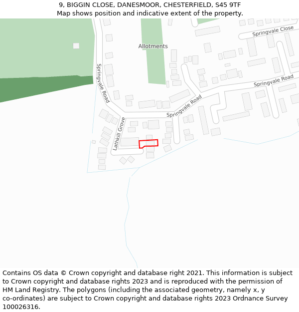 9, BIGGIN CLOSE, DANESMOOR, CHESTERFIELD, S45 9TF: Location map and indicative extent of plot