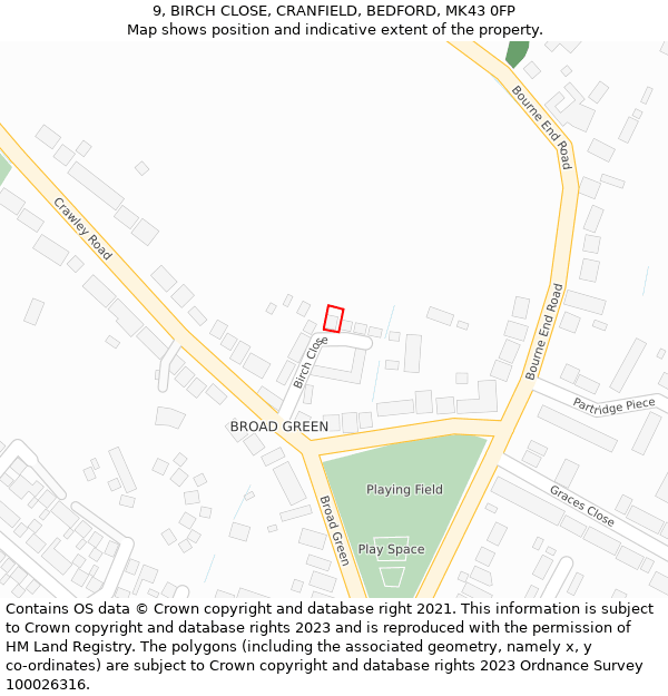 9, BIRCH CLOSE, CRANFIELD, BEDFORD, MK43 0FP: Location map and indicative extent of plot