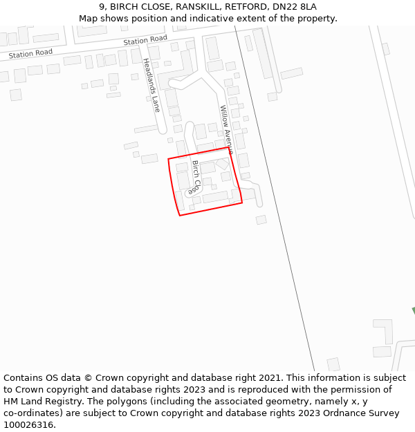 9, BIRCH CLOSE, RANSKILL, RETFORD, DN22 8LA: Location map and indicative extent of plot