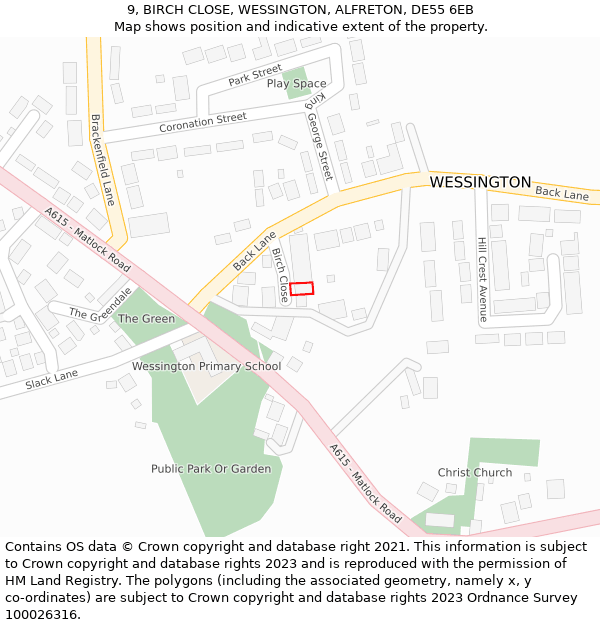 9, BIRCH CLOSE, WESSINGTON, ALFRETON, DE55 6EB: Location map and indicative extent of plot