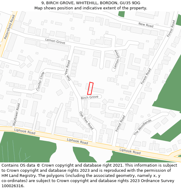 9, BIRCH GROVE, WHITEHILL, BORDON, GU35 9DG: Location map and indicative extent of plot