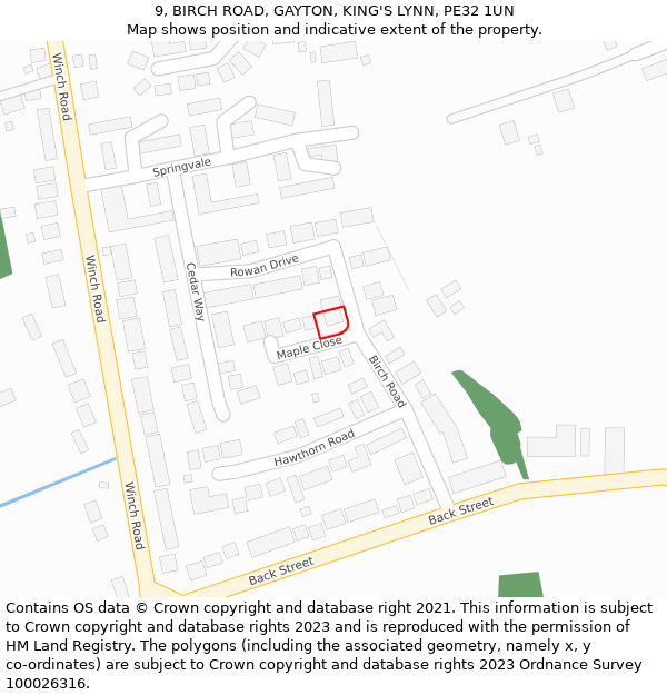 9, BIRCH ROAD, GAYTON, KING'S LYNN, PE32 1UN: Location map and indicative extent of plot