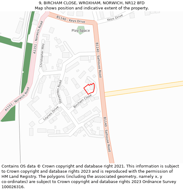 9, BIRCHAM CLOSE, WROXHAM, NORWICH, NR12 8FD: Location map and indicative extent of plot