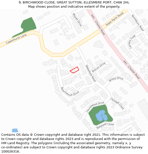 9, BIRCHWOOD CLOSE, GREAT SUTTON, ELLESMERE PORT, CH66 2HL: Location map and indicative extent of plot