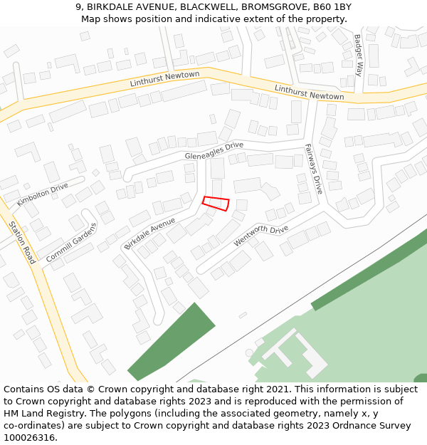 9, BIRKDALE AVENUE, BLACKWELL, BROMSGROVE, B60 1BY: Location map and indicative extent of plot