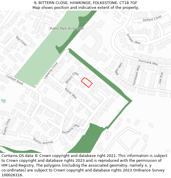 9, BITTERN CLOSE, HAWKINGE, FOLKESTONE, CT18 7GF: Location map and indicative extent of plot