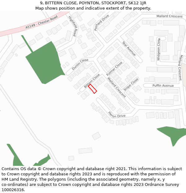 9, BITTERN CLOSE, POYNTON, STOCKPORT, SK12 1JR: Location map and indicative extent of plot