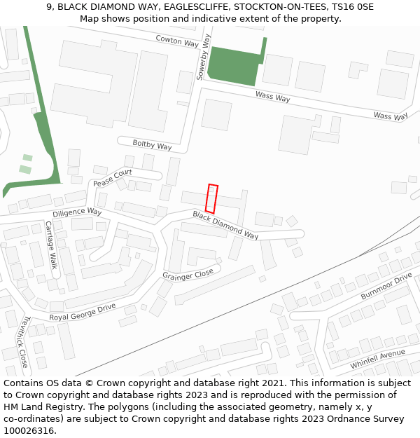 9, BLACK DIAMOND WAY, EAGLESCLIFFE, STOCKTON-ON-TEES, TS16 0SE: Location map and indicative extent of plot