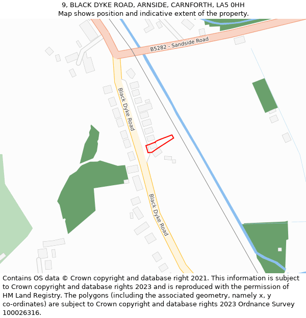 9, BLACK DYKE ROAD, ARNSIDE, CARNFORTH, LA5 0HH: Location map and indicative extent of plot