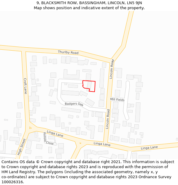 9, BLACKSMITH ROW, BASSINGHAM, LINCOLN, LN5 9JN: Location map and indicative extent of plot