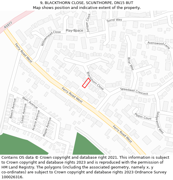 9, BLACKTHORN CLOSE, SCUNTHORPE, DN15 8UT: Location map and indicative extent of plot