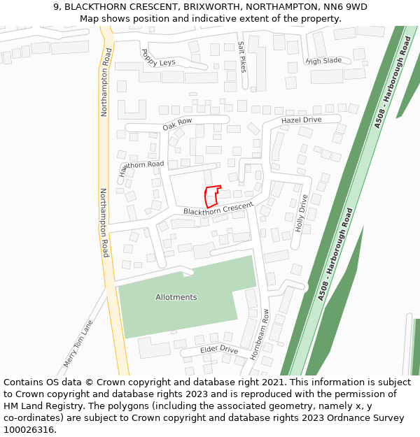 9, BLACKTHORN CRESCENT, BRIXWORTH, NORTHAMPTON, NN6 9WD: Location map and indicative extent of plot