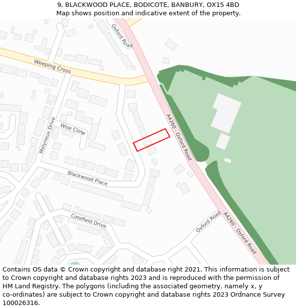 9, BLACKWOOD PLACE, BODICOTE, BANBURY, OX15 4BD: Location map and indicative extent of plot