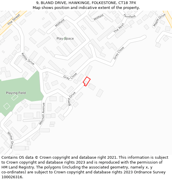 9, BLAND DRIVE, HAWKINGE, FOLKESTONE, CT18 7PX: Location map and indicative extent of plot