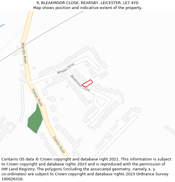 9, BLEAKMOOR CLOSE, REARSBY, LEICESTER, LE7 4YD: Location map and indicative extent of plot