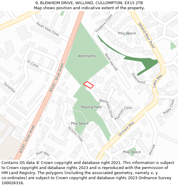 9, BLENHEIM DRIVE, WILLAND, CULLOMPTON, EX15 2TB: Location map and indicative extent of plot