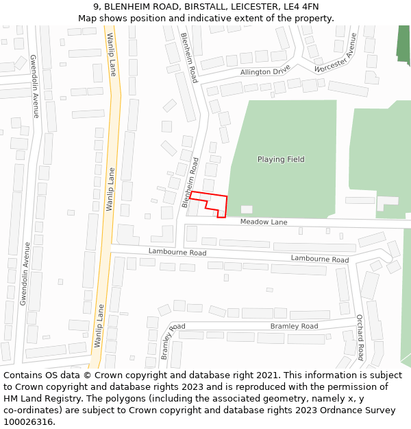 9, BLENHEIM ROAD, BIRSTALL, LEICESTER, LE4 4FN: Location map and indicative extent of plot
