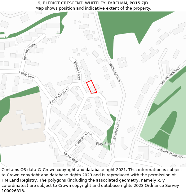 9, BLERIOT CRESCENT, WHITELEY, FAREHAM, PO15 7JD: Location map and indicative extent of plot