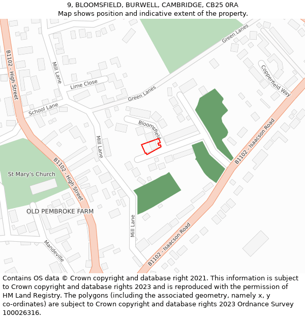 9, BLOOMSFIELD, BURWELL, CAMBRIDGE, CB25 0RA: Location map and indicative extent of plot