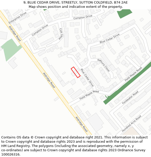 9, BLUE CEDAR DRIVE, STREETLY, SUTTON COLDFIELD, B74 2AE: Location map and indicative extent of plot