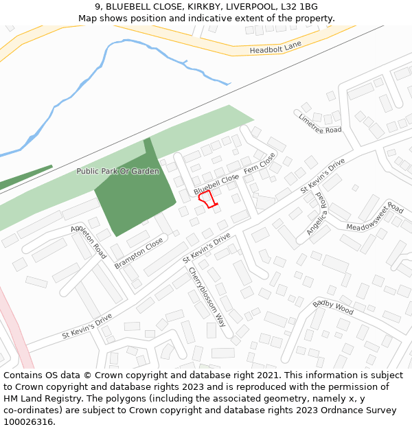 9, BLUEBELL CLOSE, KIRKBY, LIVERPOOL, L32 1BG: Location map and indicative extent of plot