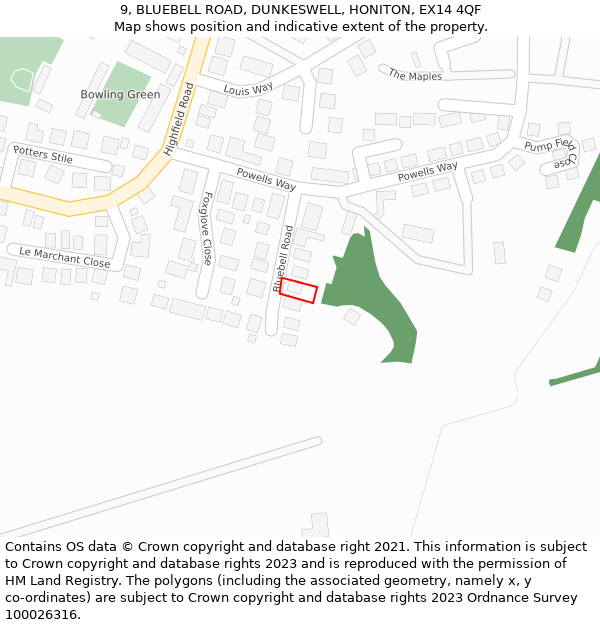9, BLUEBELL ROAD, DUNKESWELL, HONITON, EX14 4QF: Location map and indicative extent of plot