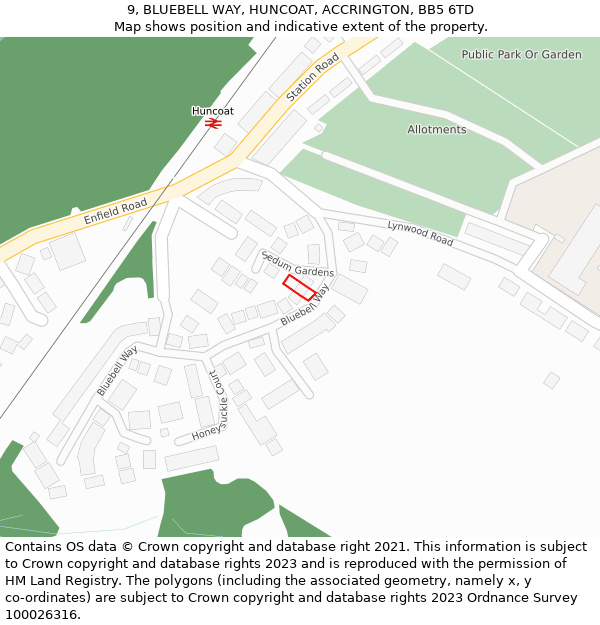 9, BLUEBELL WAY, HUNCOAT, ACCRINGTON, BB5 6TD: Location map and indicative extent of plot